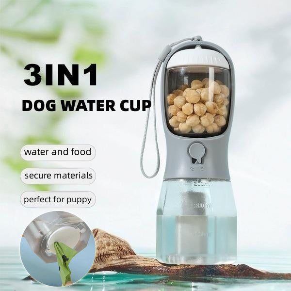 3-in-1 Portable Dog Water Bottle with Food & Waste Bag Holder l Travel Pet Cup