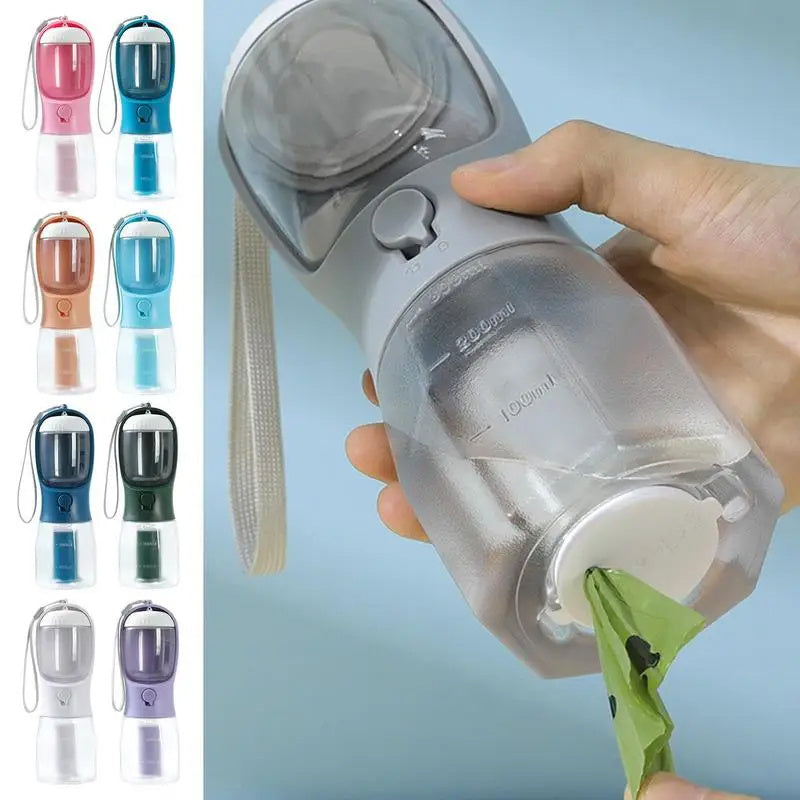 3-in-1 Portable Dog Water Bottle with Food & Waste Bag Holder l Travel Pet Cup