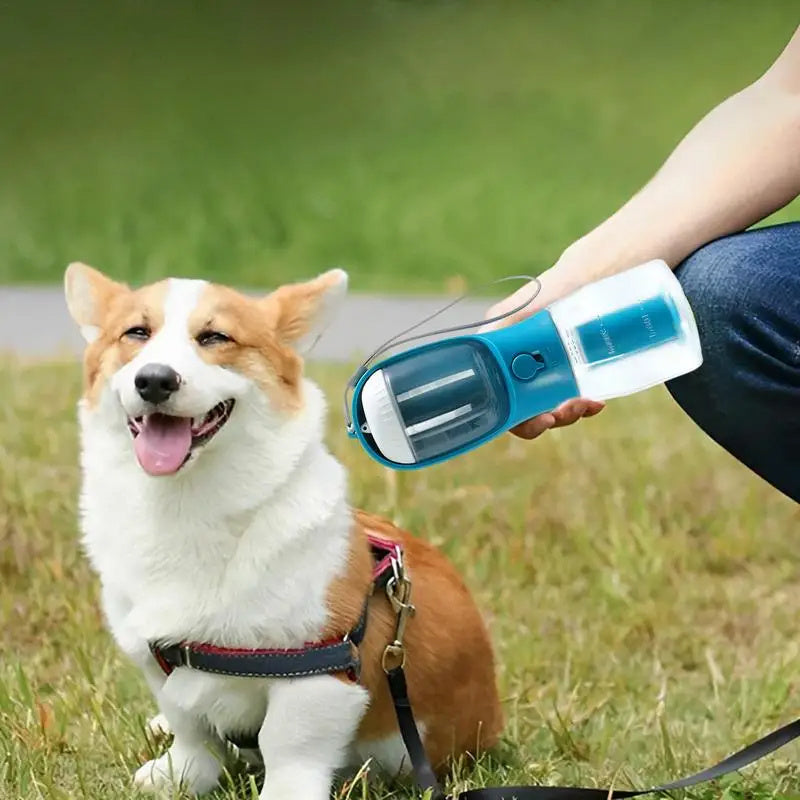 3-in-1 Portable Dog Water Bottle with Food & Waste Bag Holder l Travel Pet Cup