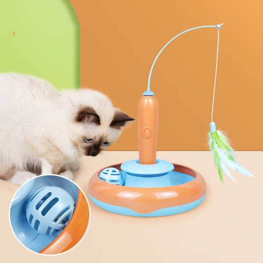 2 In 1 Interactive Cat Toy - Feather Teaser & Turntable Ball Track for Self-Play and Exercise