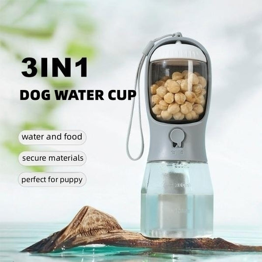 3-in-1 Portable Dog Water Bottle with Food & Waste Bag Holder l Travel Pet Cup
