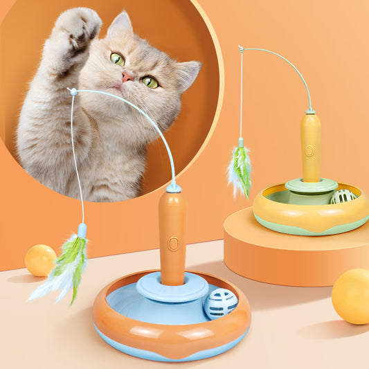 2 In 1 Interactive Cat Toy - Feather Teaser & Turntable Ball Track for Self-Play and Exercise